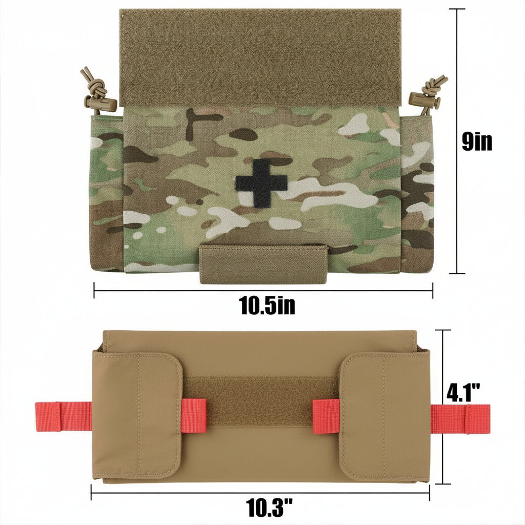 Multicam Camouflage Roll Up IFAK Pouch with measurements on a white background