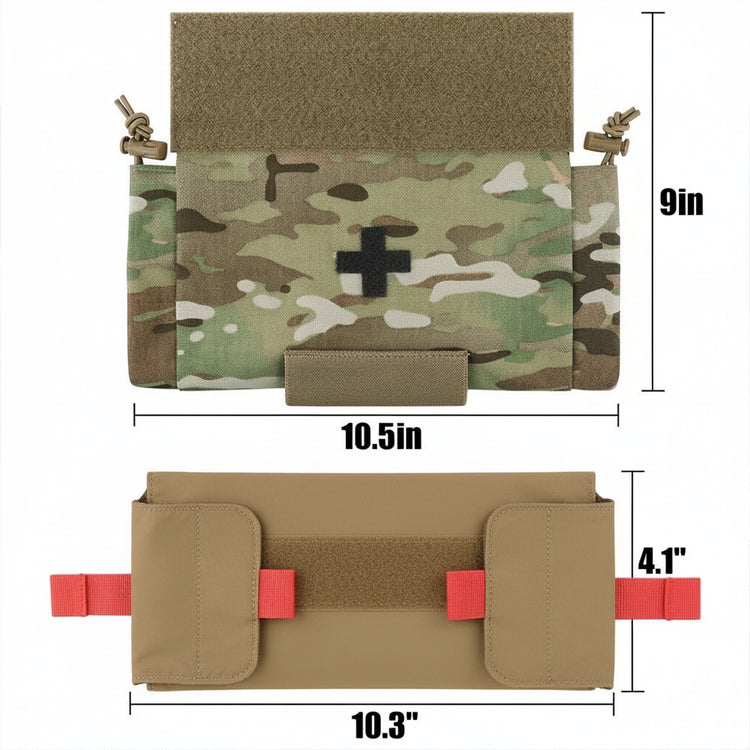 Multicam Camouflage Roll Up IFAK Pouch with measurements on a white background