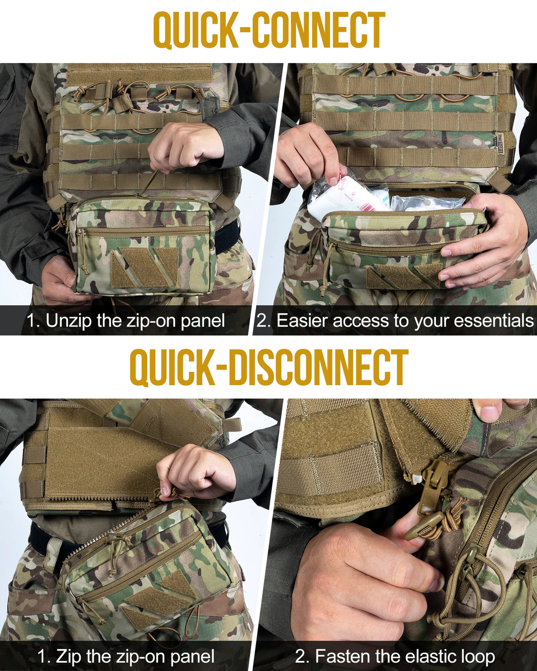 Instructions for using a quick-connect and quick-disconnect feature on a tactical vest.