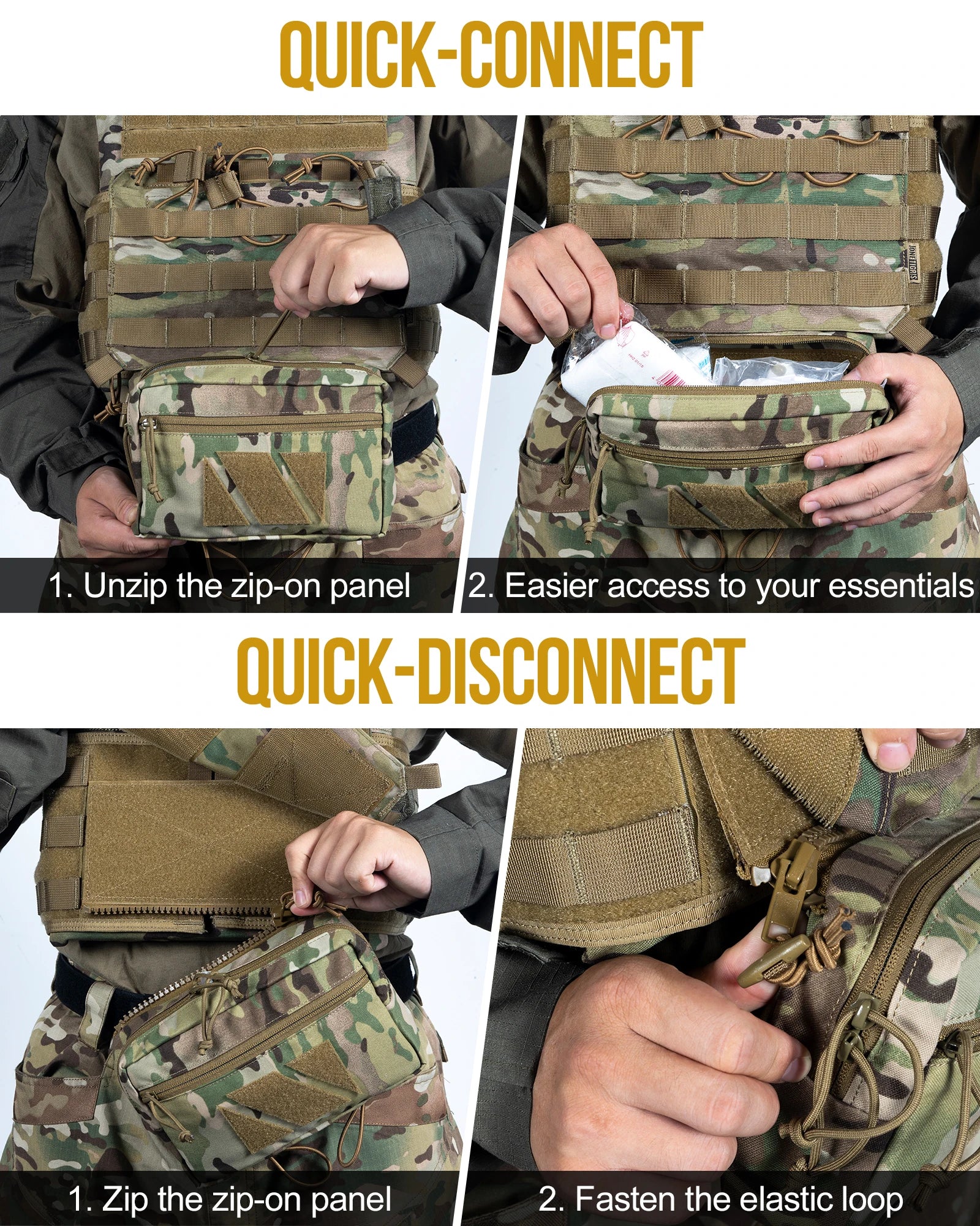 Instructions for using a quick-connect and quick-disconnect feature on a tactical vest.