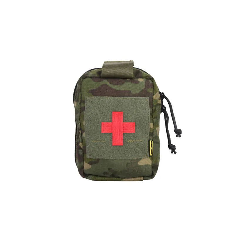 Camouflage medical pouch with red cross on a white background.