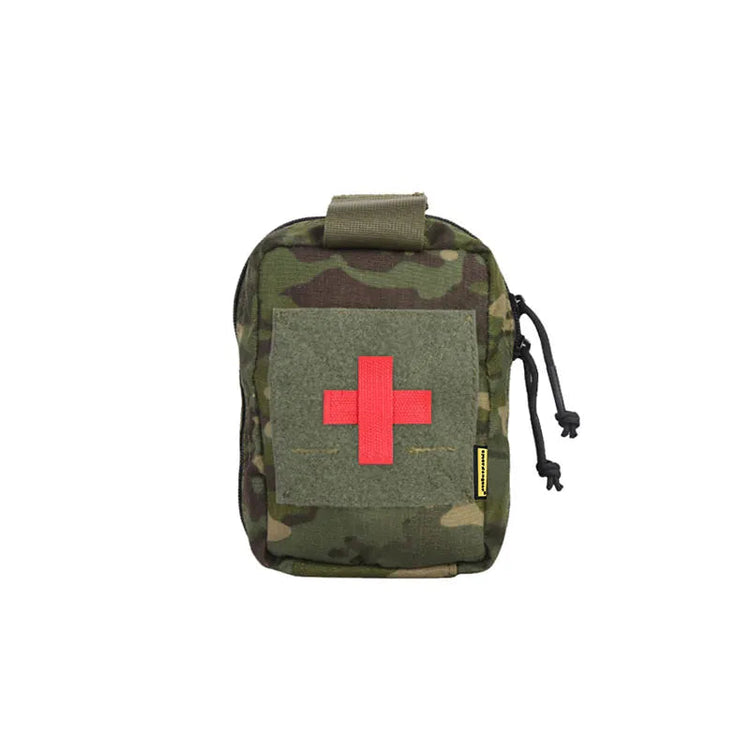 Camouflage medical pouch with red cross on a white background.