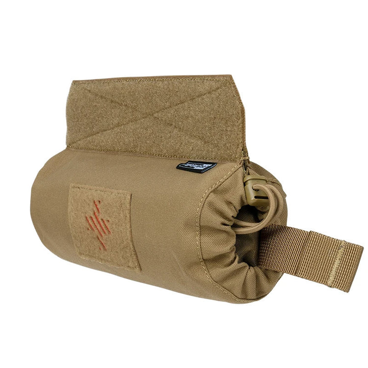 Tan tactical pouch with a strap and patch on a white background