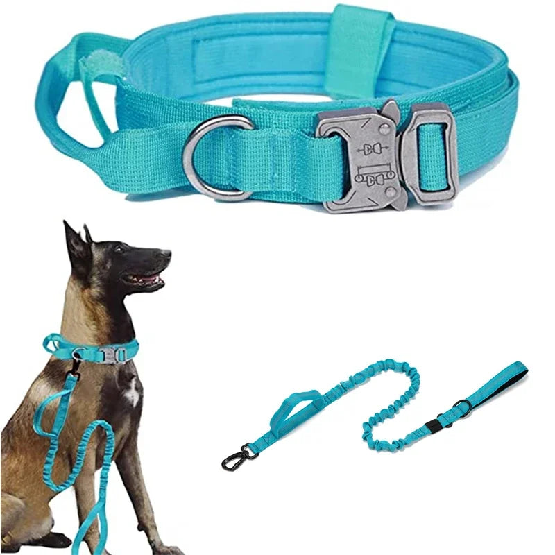 Turquoise dog collar with matching leash on a white background
