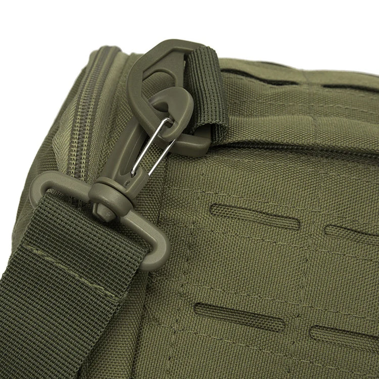Close-up of a green tactical bag with a carabiner and strap on a white background