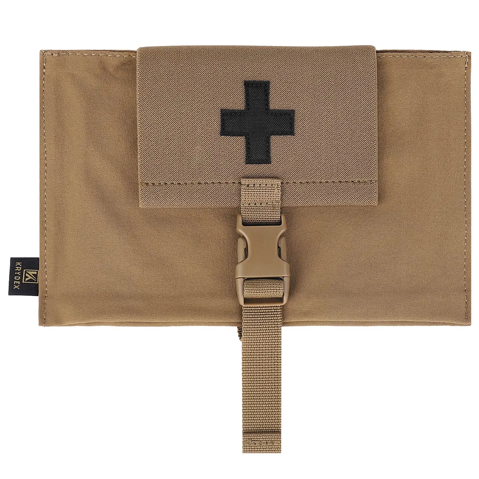 Tactical pouch with a black cross patch on a beige background