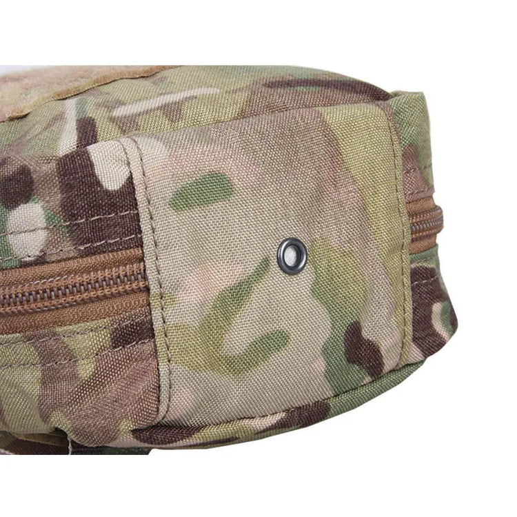 Camouflage pouch with zipper and button.