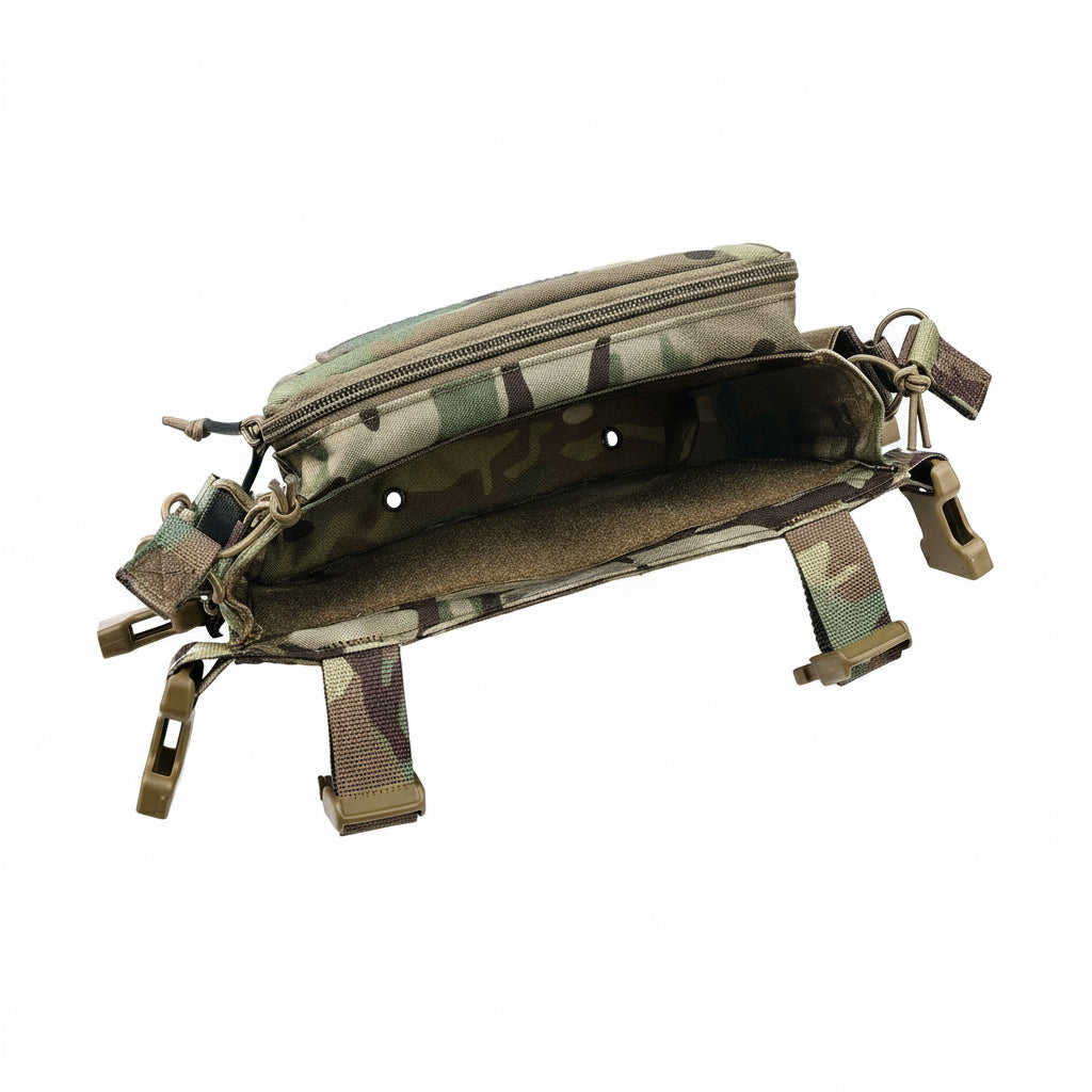 Multicam Camouflage tactical pouch with multiple straps on a white background