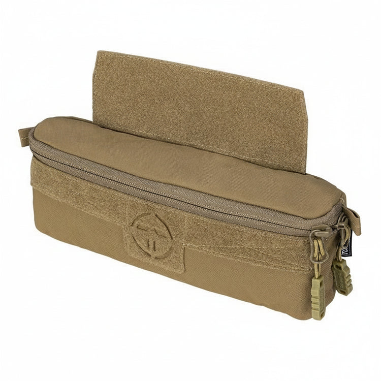Tan tactical pouch with a zipper on a white background