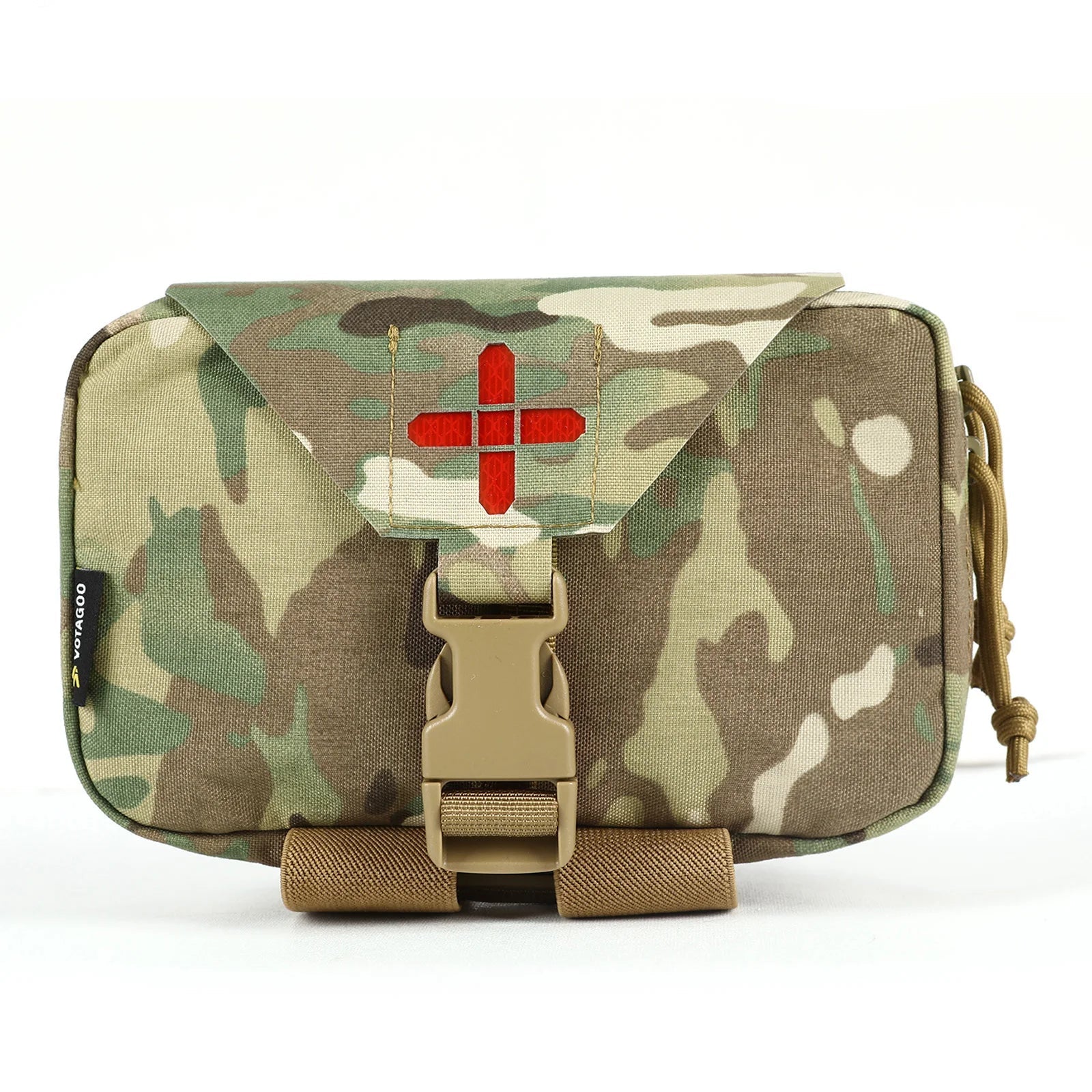 Camouflage medical bag with red cross on a white background