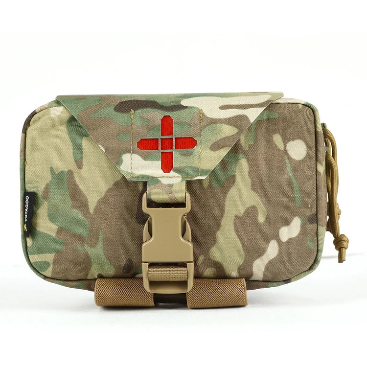 Camouflage medical bag with red cross on a white background