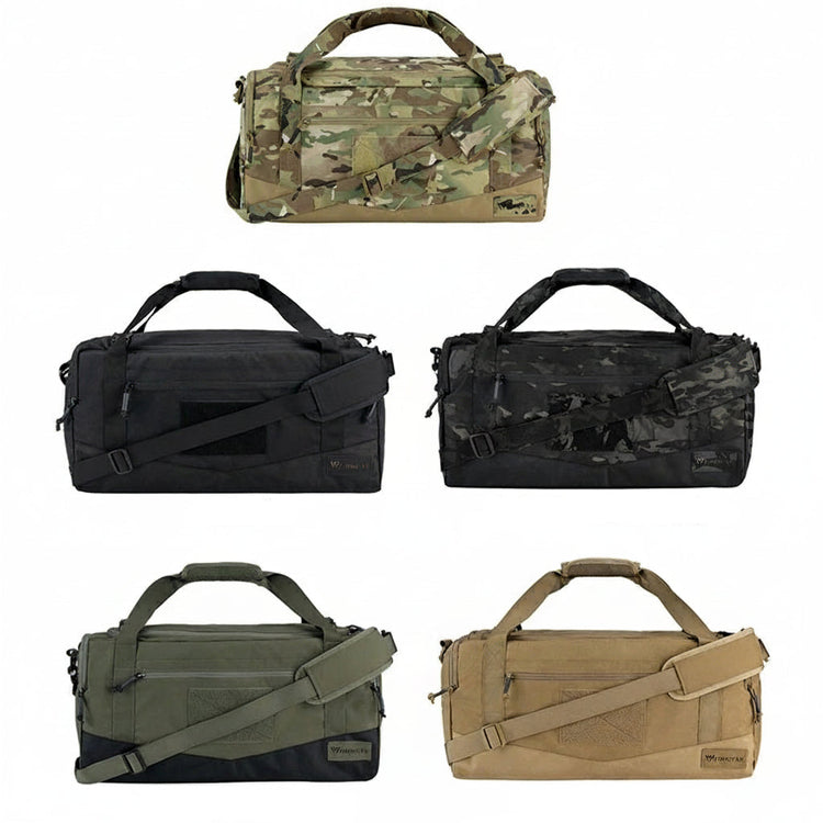 Collection of tactical duffle bags in various colours