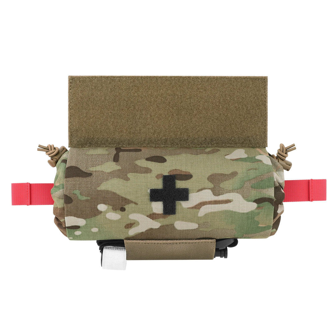 Multicam Camouflage Roll Up IFAK Pouch with a cross symbol on a white background