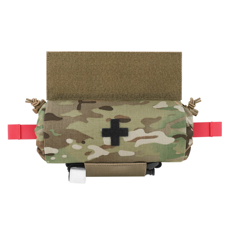Multicam Camouflage Roll Up IFAK Pouch with a cross symbol on a white background