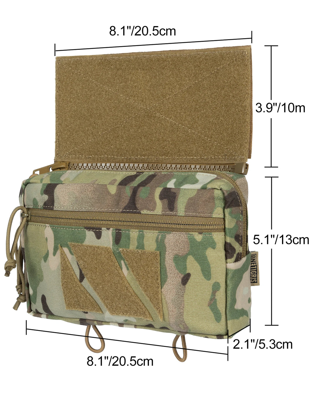 Camouflage pouch with measurements on a white background