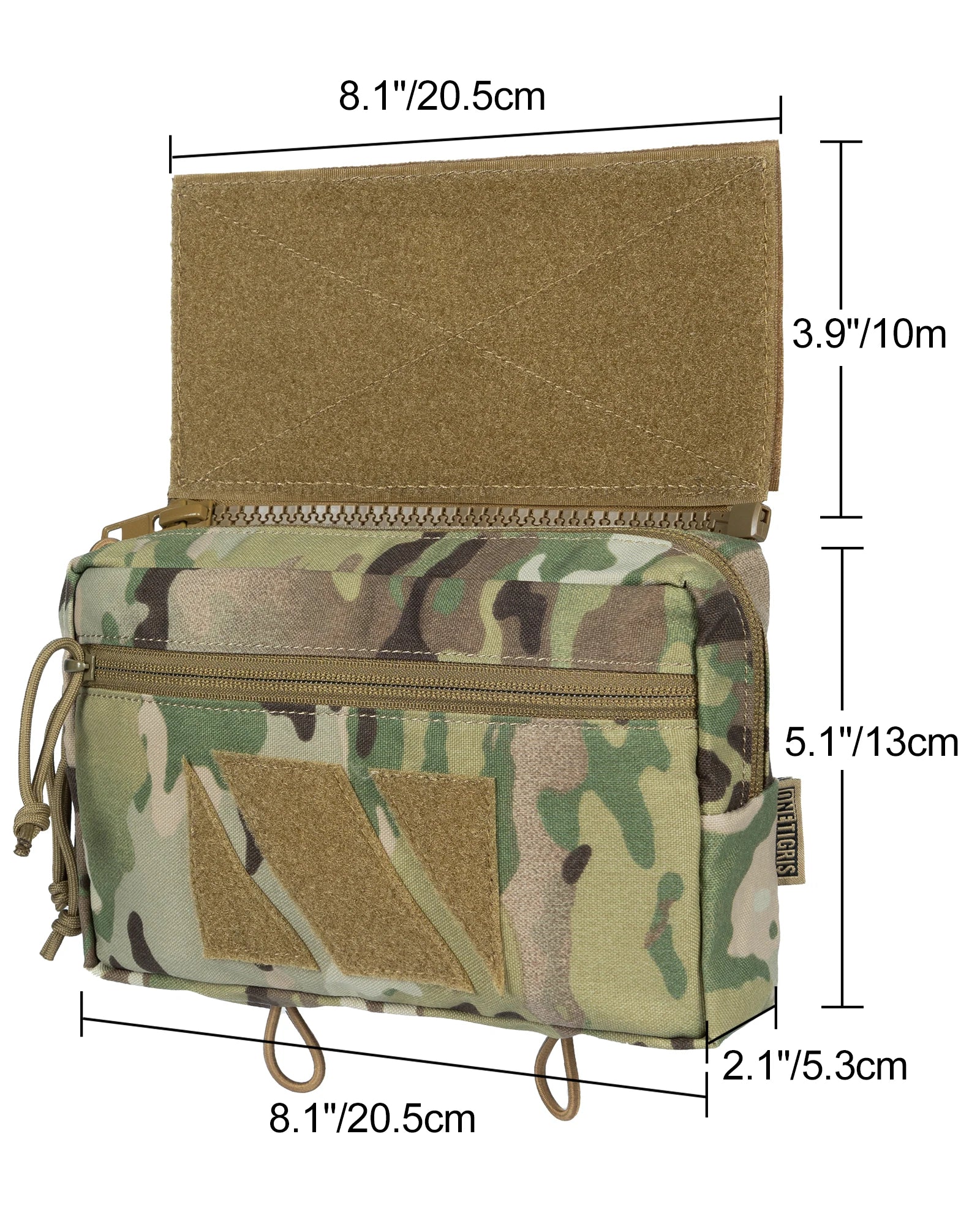 Camouflage pouch with measurements on a white background