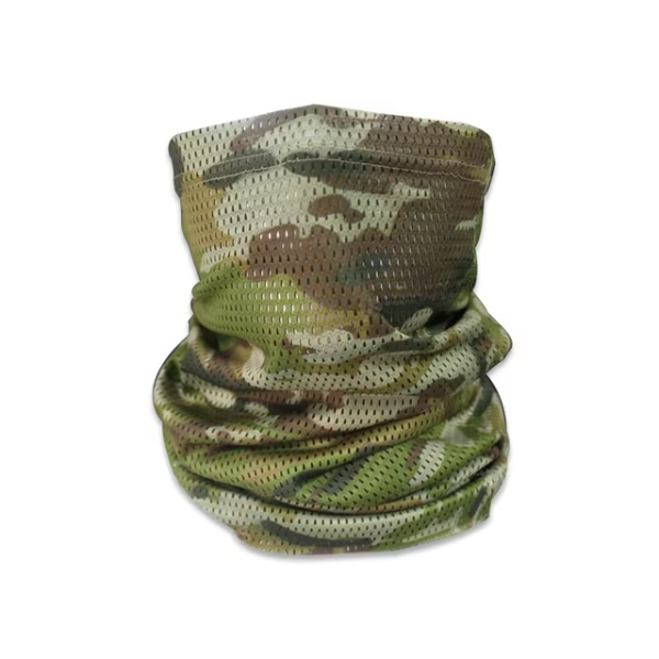 A breathable Buff Mesh Neck Gaiter face mask with the Australian Multicam Pattern (AMC) designed for outdoor use.