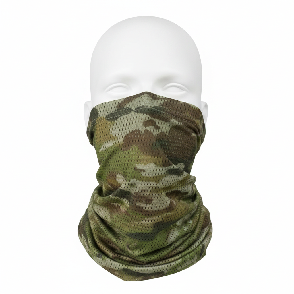 Australian Multicam Camouflage Uniform AMCU neck gaiter face shield on a white mannequin head
