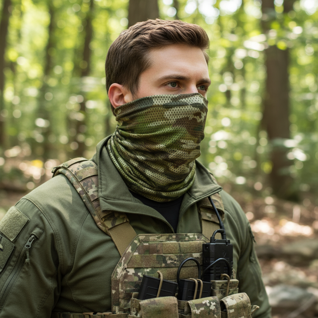 Person in tactical gear with an Australian Multicam Camouflage Uniform AMCU Buff Mesh Neck Gaiter in a forest setting