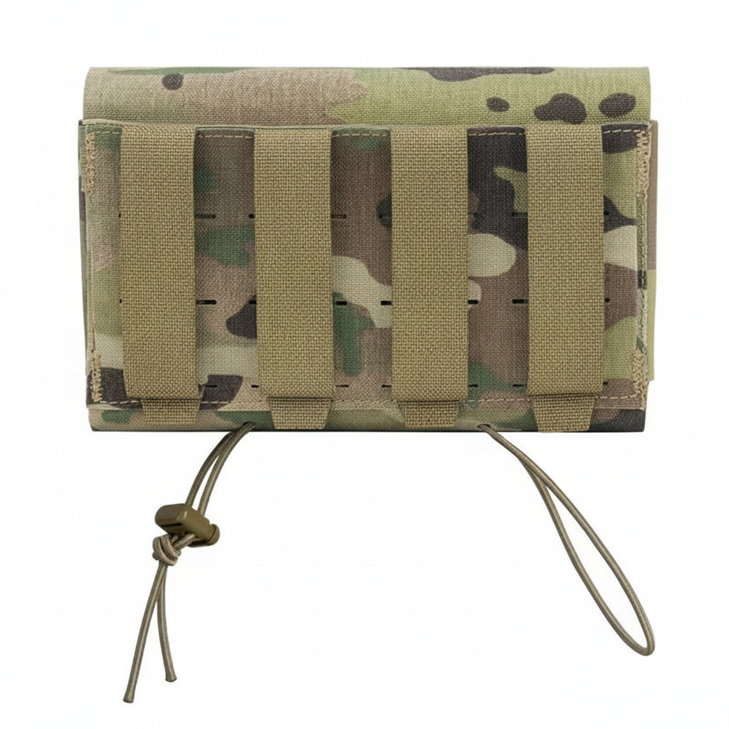 Camouflage pouch with multiple molle straps on a white background.