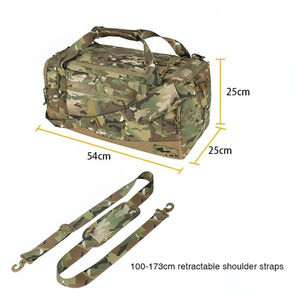 Multicam Camouflage duffel bag with dimensions and retractable shoulder straps on a white background
