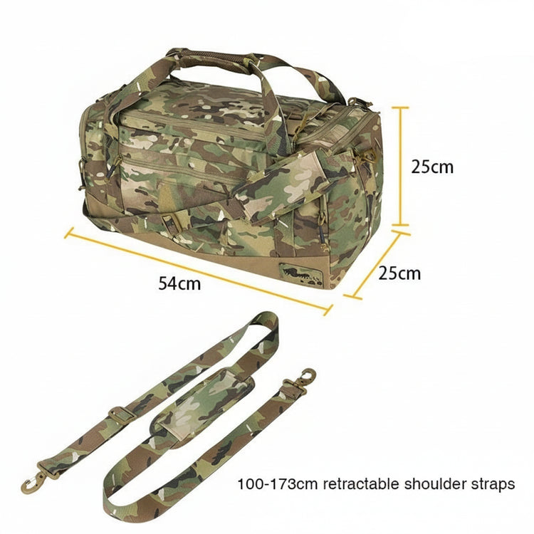 Multicam Camouflage duffel bag with dimensions and retractable shoulder straps on a white background