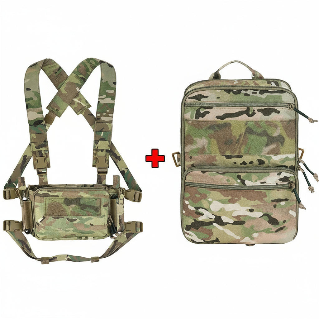 Camouflage backpack and harness set on a white background with Kriega logo.