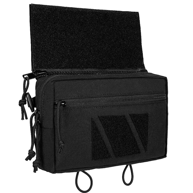 Black tactical bag with multiple compartments on a white background