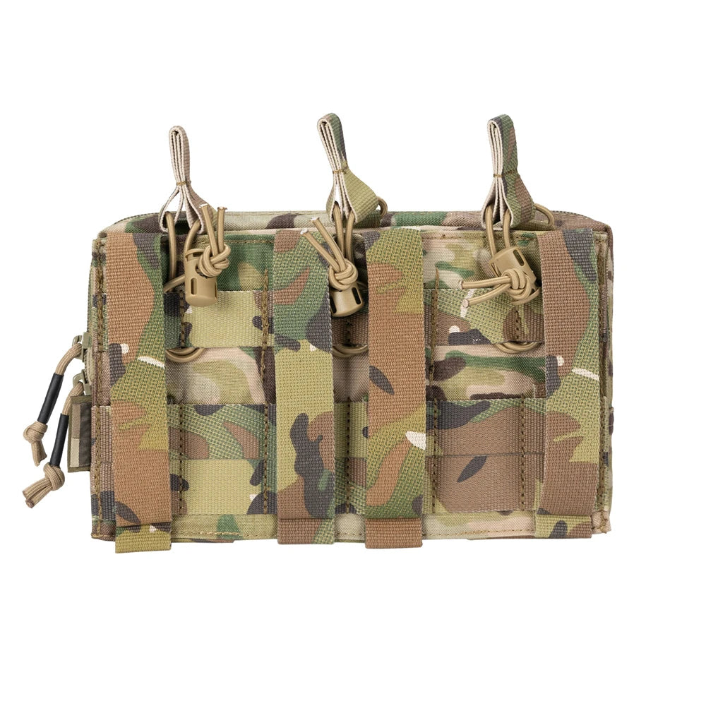 Camouflage tactical pouch with multiple straps on a white background