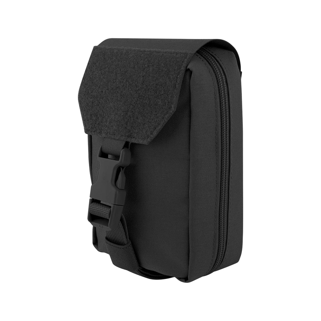 Black tactical tear away aid pouch on a white background