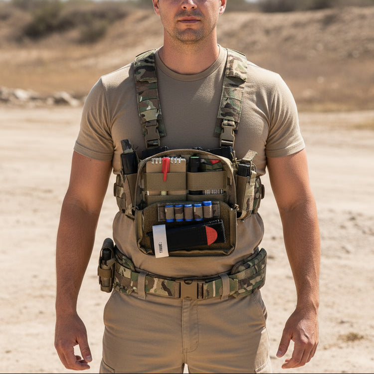Man wearing a tactical vest with various equipment in an outdoor setting