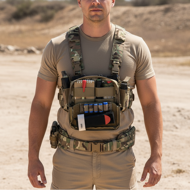 Man wearing a tactical vest with various equipment in an outdoor setting