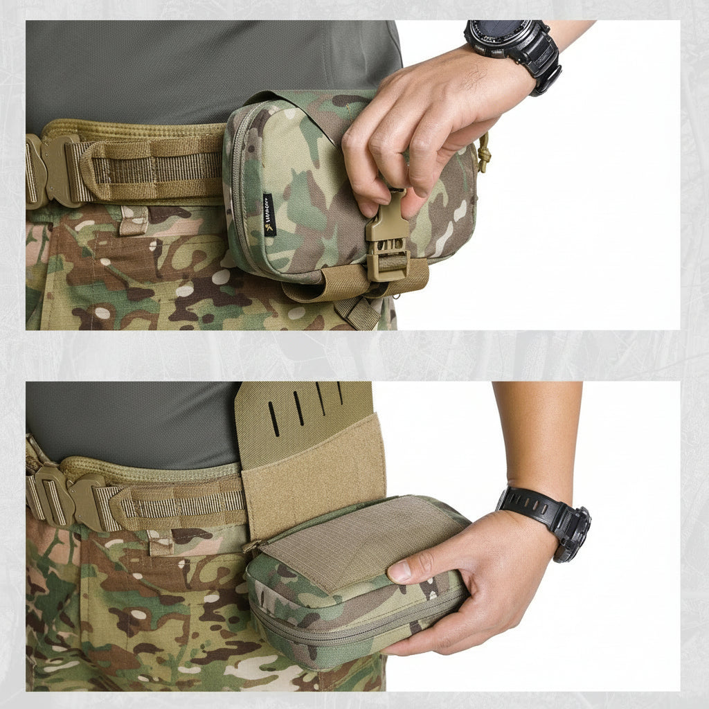 Person wearing camouflage tactical gear with a pouch being ripped away.