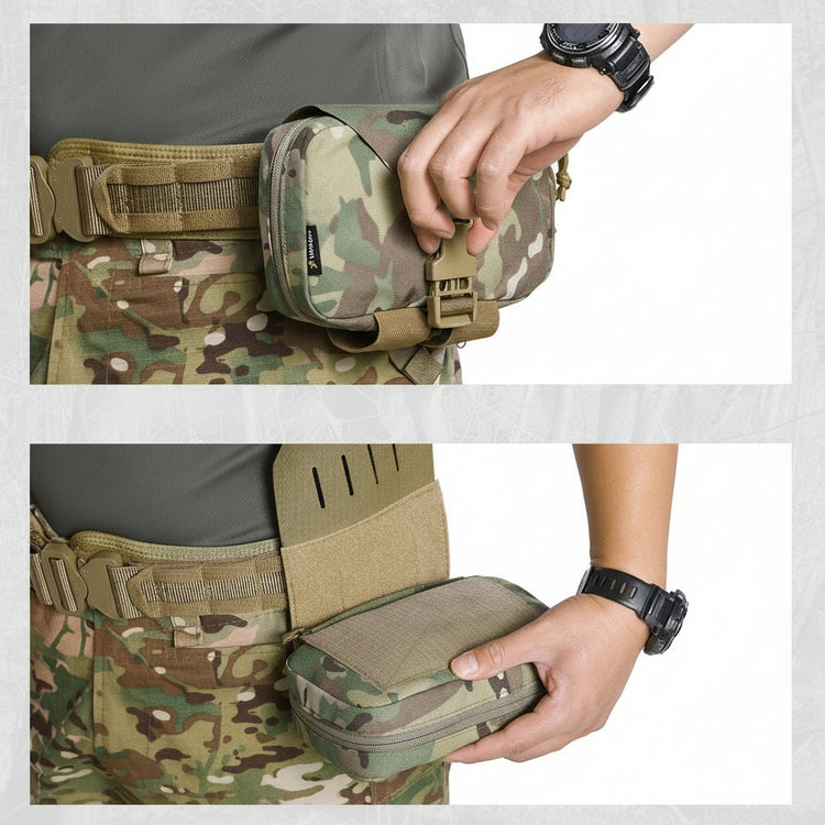 Person wearing camouflage tactical gear with a pouch being ripped away.