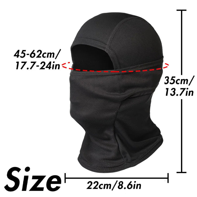 Black balaclava with size measurements on a white background