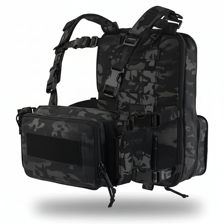 Black tactical backpack with multiple compartments on a white background