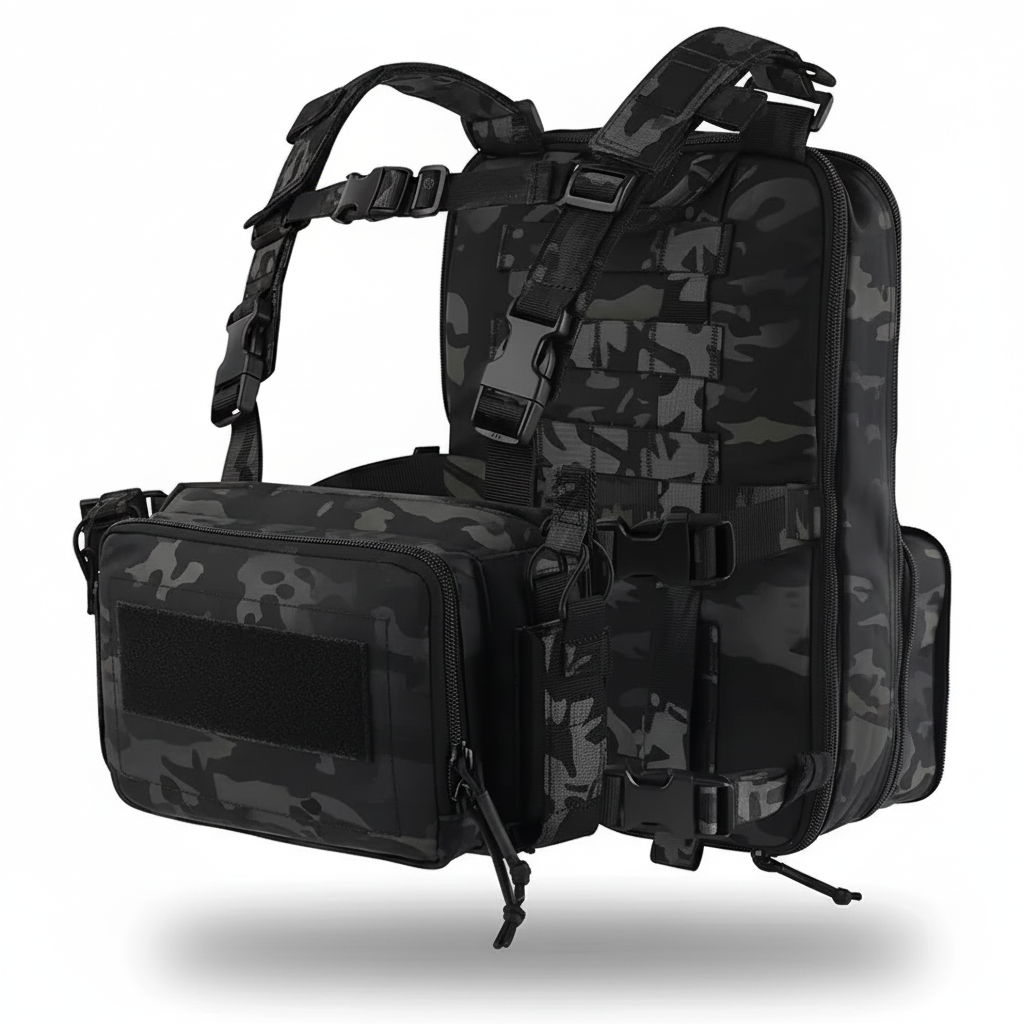 Black tactical backpack with multiple compartments on a white background