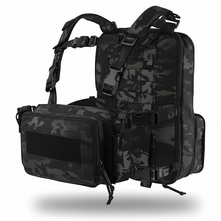 Black tactical backpack with multiple compartments on a white background