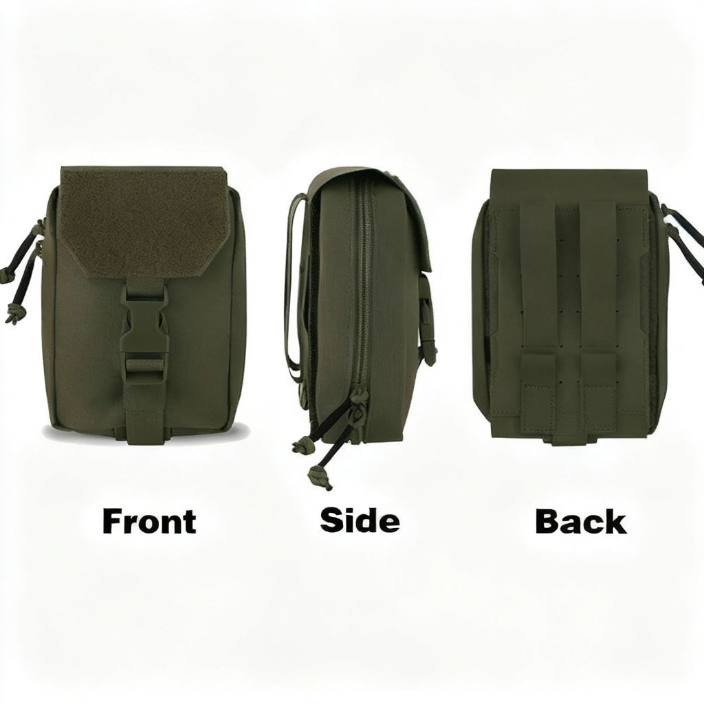 Green tactical aid pouch shown from front, side, and back views