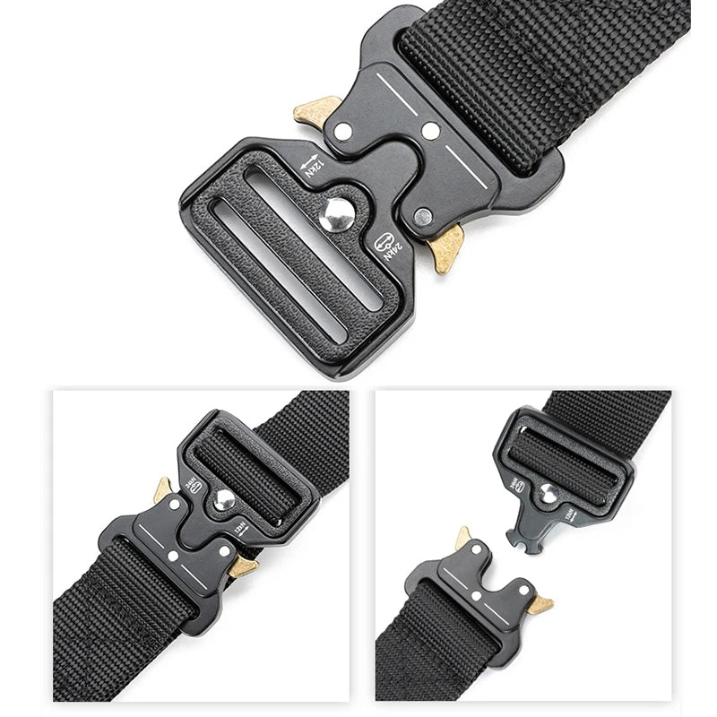 Black tactical belt with buckle on a white background