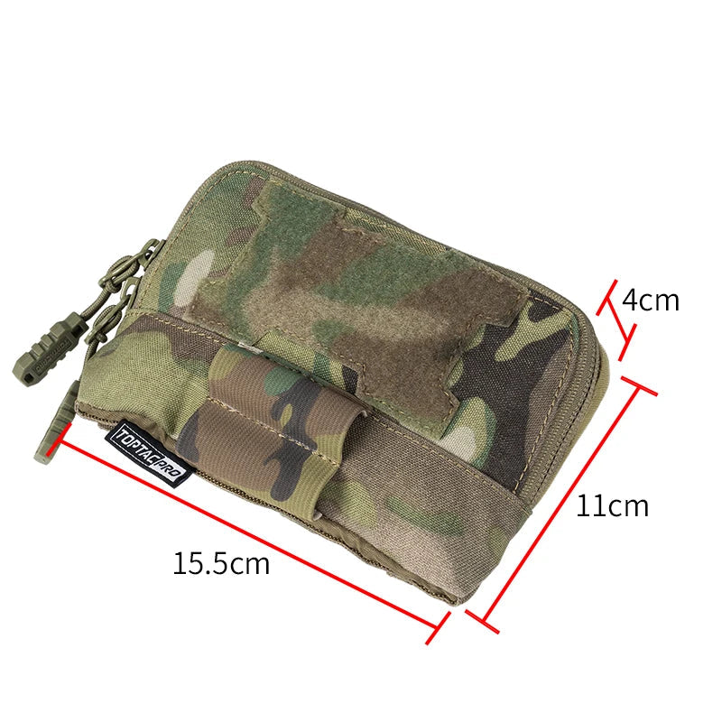 Camouflage pouch with measurements on a white background