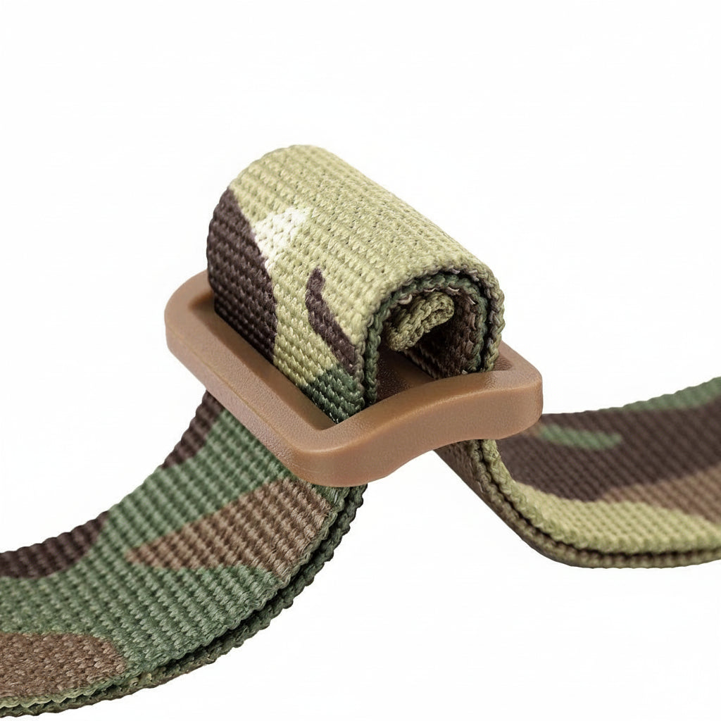 Camouflage belt with a brown buckle on a white background
