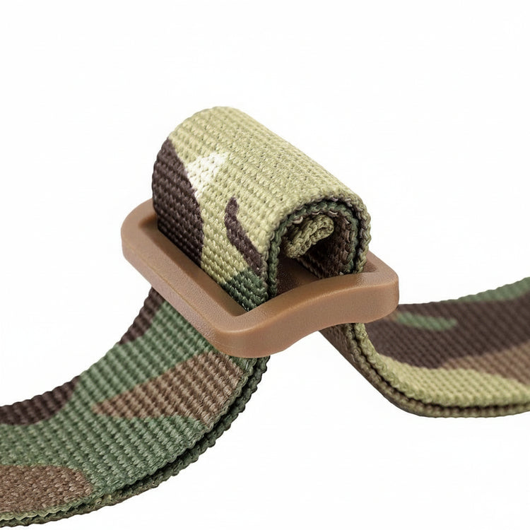 Camouflage belt with a brown buckle on a white background