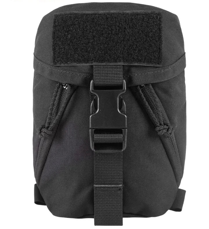 Black tactical pouch with a buckle on a white background