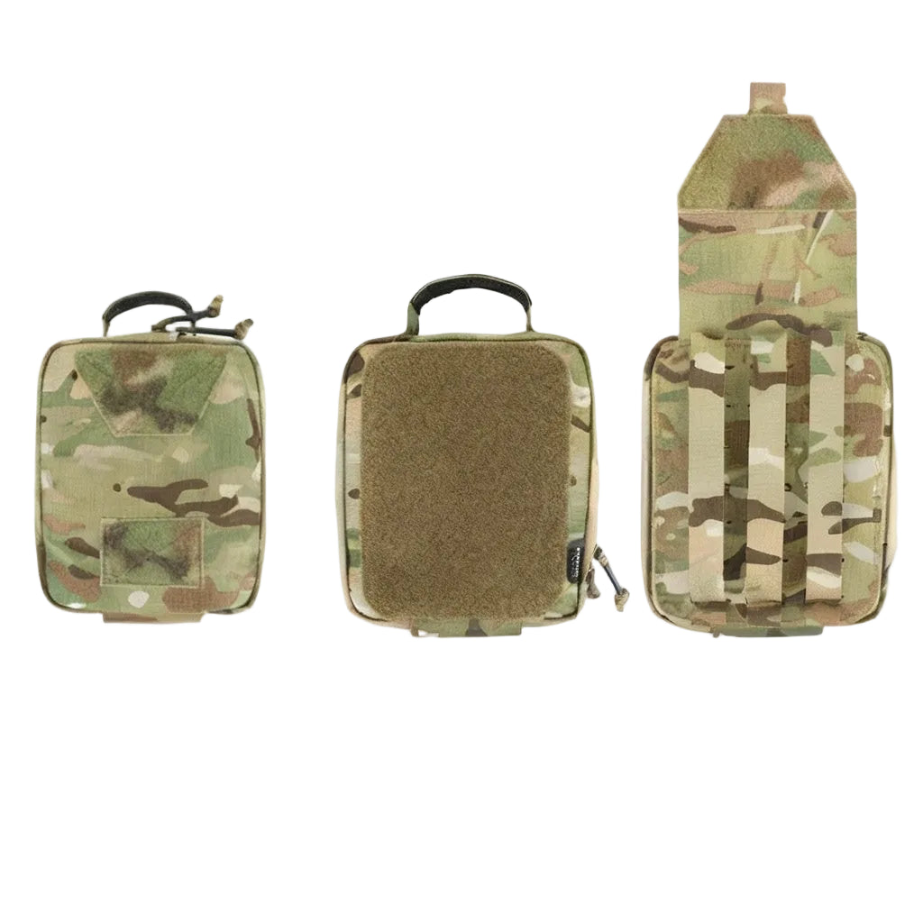 Multicam and brown tactical pouches showing front and back sides on a white background.