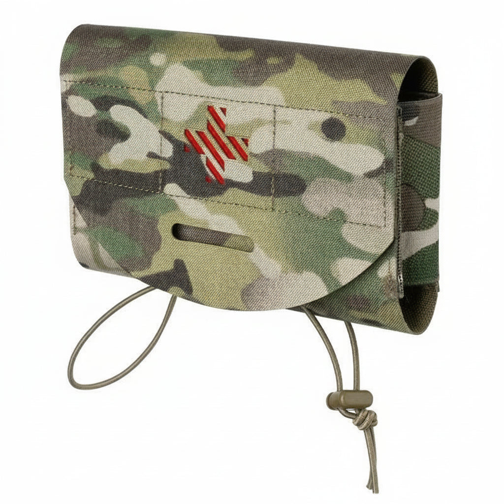 Camouflage pouch with a red cross on a white background