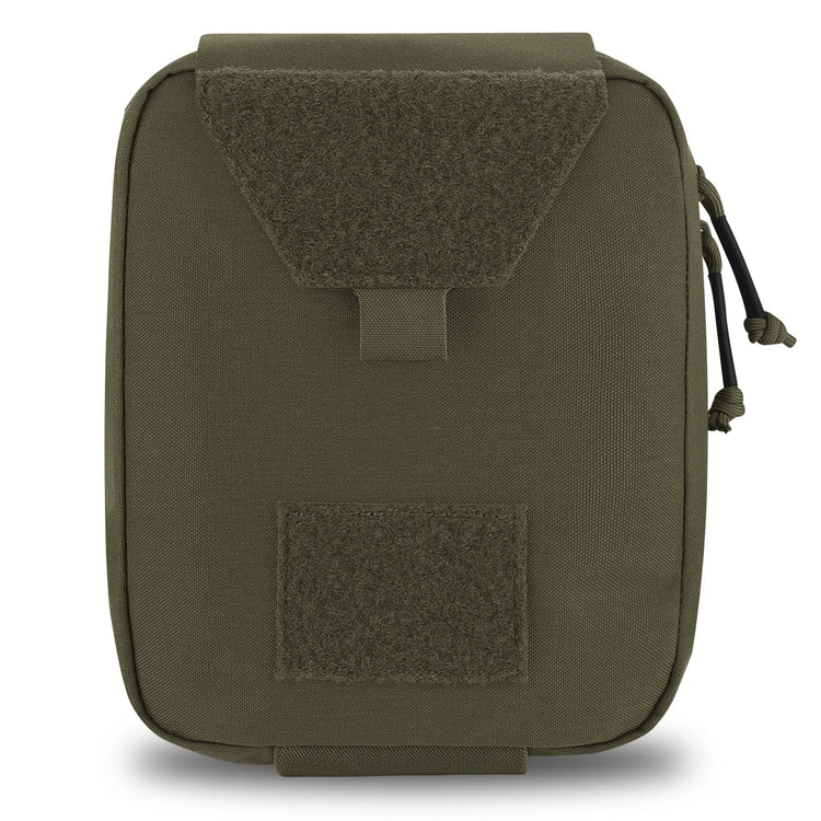Green tactical pouch with a patch on a white background