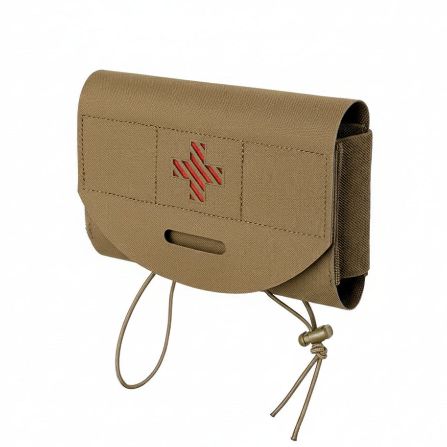 Brown tactical pouch with a red cross on a white background.