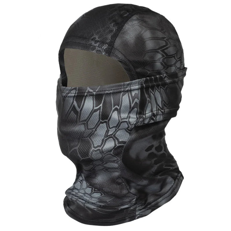 Black and gray patterned balaclava on a white background