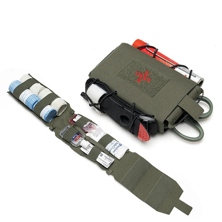 Green tactical bag with elastic loading system on a white background.